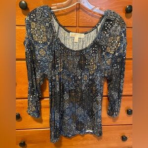 Michael Kors Navy and Tan Patterned Long Sleeve Top